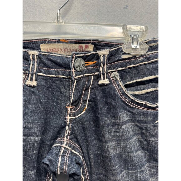Laguna Beach Jean Co. Fleur De Lis Button Distressed Dark Wash Denim Jeans 27 - Picture 2 of 14
